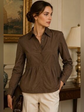 J. jill Womens Small Blouse Brown Silk Cotton Pleated Button Long Sleeve Luxury